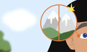 Occhi che osservano montagne, una sfocata, l'altra nitida, forse un problema al neurite ottica.