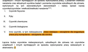 Dokument zawiera skierowanie na badania medycyny pracy, wymieniające czynniki szkodliwe, w tym pracę siedzącą i przy komputerze.