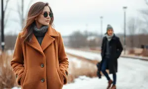 Elegancki outfit na zimę: brązowy płaszcz, szary golf i okulary przeciwsłoneczne. W tle druga osoba w czarnym płaszczu.