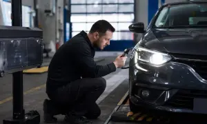 Un technicien vérifie les phares d'une voiture avec un appareil de mesure, assurant la conformité de la barre led pour le contrôle technique.