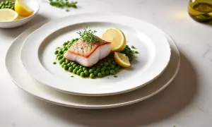 En vacker tallrik med en perfekt tillagad torskrygg, serverad på en bädd av gröna ärtor med citronklyftor. Ett enkelt men elegant torskrygg recept.