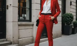 Kobieta w eleganckim garniturze w intensywnym, czerwonym kolorze. Biała koszula i czarny pasek dodają kontrastu.