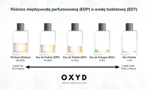 Pięć buteleczek perfum o różnym poziomie zawartości płynu i etykietach: Perfume, Eau de Parfum, Eau de Toilette, Eau de Cologne, Eau Fraiche.