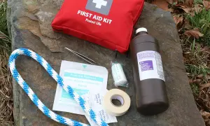 Contents of a DIY dog first aid kit laid out on a rock: red first aid bag, hydrogen peroxide, gauze, tape, alcohol pads, tweezers, and rope.
