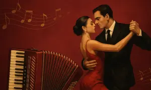 Para tanga, para tango, bandoneon gra. Para tańczy, namiętność w powietrzu.