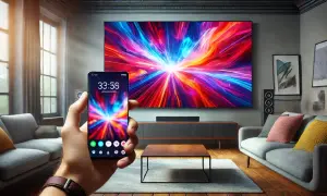 Obraz z telefonu na TV przez USB-C. Kolorowa eksplozja na ekranie telefonu i telewizora.