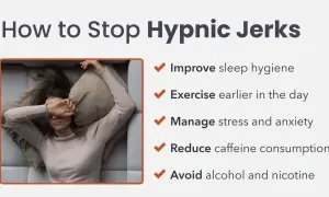 A woman rests uncomfortably, covering her eyes. The image lists ways to stop hypnic jerks, assuring you can't die from them.