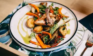Pyszne danie z kurczaka z ziemniaczkami i marchewką, ozdobione ziołami. Idealna pozycja z **Fischgarten menu**.