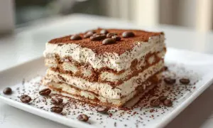 Un délicieux tiramisu cake, empilé de biscuits à la cuillère et de crème onctueuse, saupoudré de cacao et de grains de café.