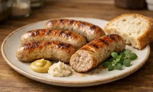 Soczysta kiełbasa z airfryer, idealnie przypieczona, podana z chlebem, musztardą i chrzanem. Pyszny obiad gotowy w mgnieniu oka!