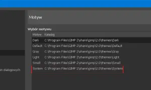 GIMP podstawy: wybór motywu interfejsu. Widoczna lista dostępnych motywów, w tym "System", zlokalizowanych w katalogu GIMP.
