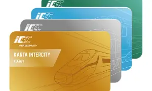 Karta Intercity Klasa 1 w kolorze złotym, z widokiem pociągu. Dostępne też inne kolory. Sprawdź kartę Intercity cena!
