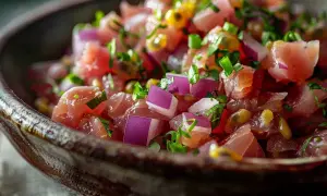 Un délicieux tartare de thon frais, garni d'oignons rouges, de ciboule et de graines de fruit de la passion, servi dans un bol en céramique.