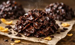 Délicieuses roses des sables recette : des flocons de maïs enrobés de chocolat noir, fumants et appétissants, sur du papier sulfurisé.