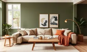 Gemütliches Wohnzimmer mit beiger Couch, Holztisch und Kunstwerken. Orange Kissen und Decke zeigen, welche Farbe passt zu oliv.