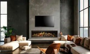 Sala moderna con chimenea de leña, sofá y sillón.