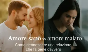Coppia felice contrapposta a donna triste, per mostrare come riconoscere un amore sano e non stare male soffrire per amore.