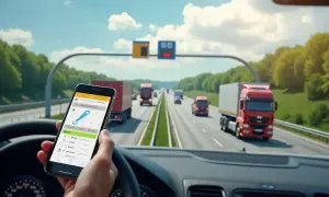 Kierowca ciężarówki sprawdza na telefonie autostrada a4 cennik Gliwice-Wrocław. W tle inne ciężarówki na drodze.