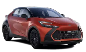Pomarańczowy Toyota C-HR 2020 z czarnym dachem i felgami, prezentujący nowoczesny design i sportowy charakter.