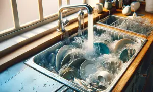 Un rubinetto gocciola su un lavandino pieno di piatti, creando un vortice d'acqua. L'ammollo lavastoviglie è in pieno svolgimento, con schiuma e bolle che danzano tra le stoviglie.