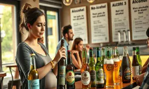 Donna incinta sceglie una birra analcolica in un locale con diverse opzioni.