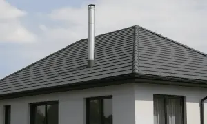 Nowoczesny komin systemowy na dachu z szarej dachówki. Wymiary komina są standardowe dla tego typu budownictwa.