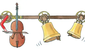Ein Cello spielt Musik, während zwei Glocken läuten. Geh du alter Esel hole Fische!