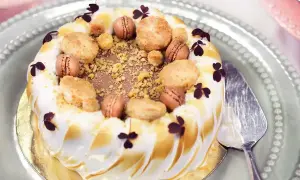 En vacker tårta med maräng och macarons, perfekt för ett speciellt tillfälle. Detta tårta recept ser utsökt ut!