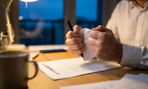 Zaciśnięte dłonie drą dokument z datami, symbolizując trudne rozwiązanie umowy o pracę.