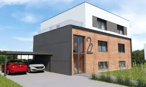 Nowoczesny dom kostka projekty: bryła z cegły i grafitu, zadaszenie na dwa auta, szklany balkon.