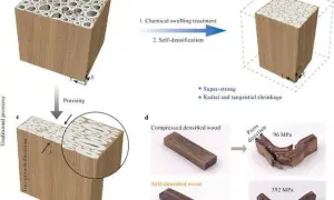 Proceso de densificación de madera para crear madera mas resistente. Muestra cómo la madera porosa se comprime para mayor durabilidad.