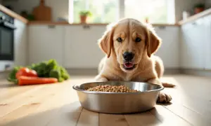 Słodki szczeniak golden retriever leży przed miską pełną karmy, zastanawiając się, czy pies może jeść kaszę. Obok leżą warzywa.