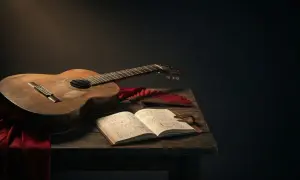 Guitarra, libro abierto con partituras y abanico rojo, evocando rumbas navideñas y noches de fiesta.