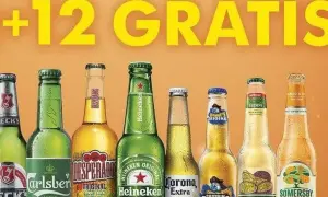 Rząd butelek piwa różnych marek, w tym Carlsberg, Desperados, Heineken, Corona, Captain Jack, Redd's i Somersby.