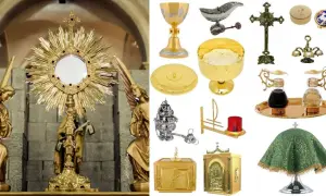Złota monstrancja, kielich, patena, kadzielnica, krzyż i inne naczynia liturgiczne nazwy.