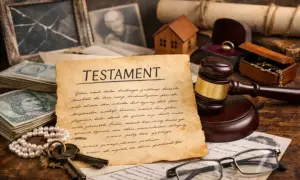 Na stole leży dokument z napisem "TESTAMENT", obok młotek sędziowski, pieniądze, klucze i okulary.
