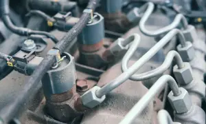 Inyectores de combustible de un motor Peugeot, modelo p0088, con tubos metálicos y conectores eléctricos.