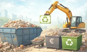 Bagger hebt Recycling-Symbol über Bauschutt. Container für Bauschutt entsorgen und Geld symbolisieren.