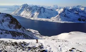 Ein Skifahrer genießt die atemberaubende Aussicht auf die schneebedeckten Berge und das tiefblaue Meer im **Lofoten Winter**.