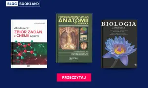Okładki książek: zbiór zadań z chemii, atlas anatomii człowieka, biologia.