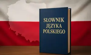 Granatowy słownik języka polskiego na tle flagi Polski z zarysem kraju.