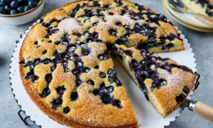 Ein saftiger Blaubeerkuchen, bestäubt mit Puderzucker, wird auf einem Teller serviert. Daneben eine Schüssel voller frischer Blaubeeren.