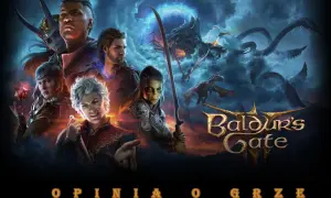 Postacie z Baldur's Gate III w mrocznej scenerii z smokami i potworami.