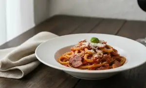 En tallrik med pasta amatriciana, toppad med riven ost och en basilika. En servett ligger bredvid.