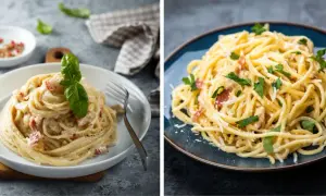 Dwa apetyczne włoskie dania z makaronem: spaghetti carbonara na białym talerzu z bazylią i na niebieskim talerzu z natką pietruszki.