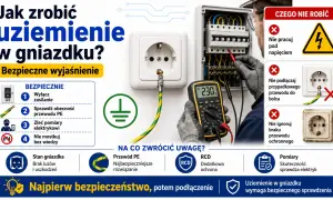 Instrukcja bezpiecznego wykonania uziemienia w gniazdku. Pokazano prawidłowe podłączenie przewodu PE, pomiary elektryczne i czego nie robić.
