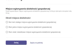 Formularz "Dane firmy" pyta o miejsce wykonywania działalności gospodarczej. Można wybrać opcję braku stałego miejsca, jednego miejsca lub wielu miejsc.
