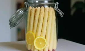 Ein Glas mit weißem Spargel und Zitronenscheiben, bereit zum Spargel fermentieren.
