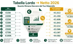 Tabella stipendio 2026: da RAL 30.000€ netto mensile circa 1.843€, da RAL 50.000€ netto mensile circa 2.586€, da RAL 100.000€ netto mensile circa 4.582€.