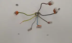 Przewody elektryczne połączone złączkami. Widać przewód neutralny w kolorze niebieskim, a także zielono-żółty przewód ochronny.